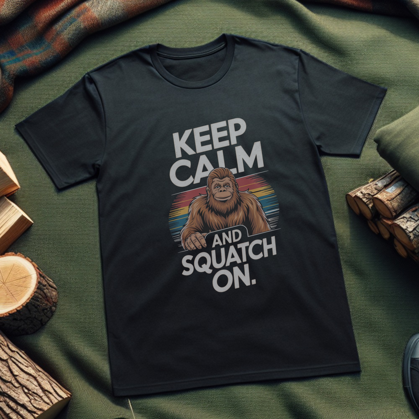 Keep Calm and Squatch On Unisex T-Shirt – Sasquatch Graphic Tee for Outdoor Enthusiasts