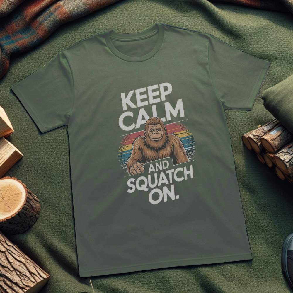 Keep Calm and Squatch On Unisex T-Shirt – Sasquatch Graphic Tee for Outdoor Enthusiasts