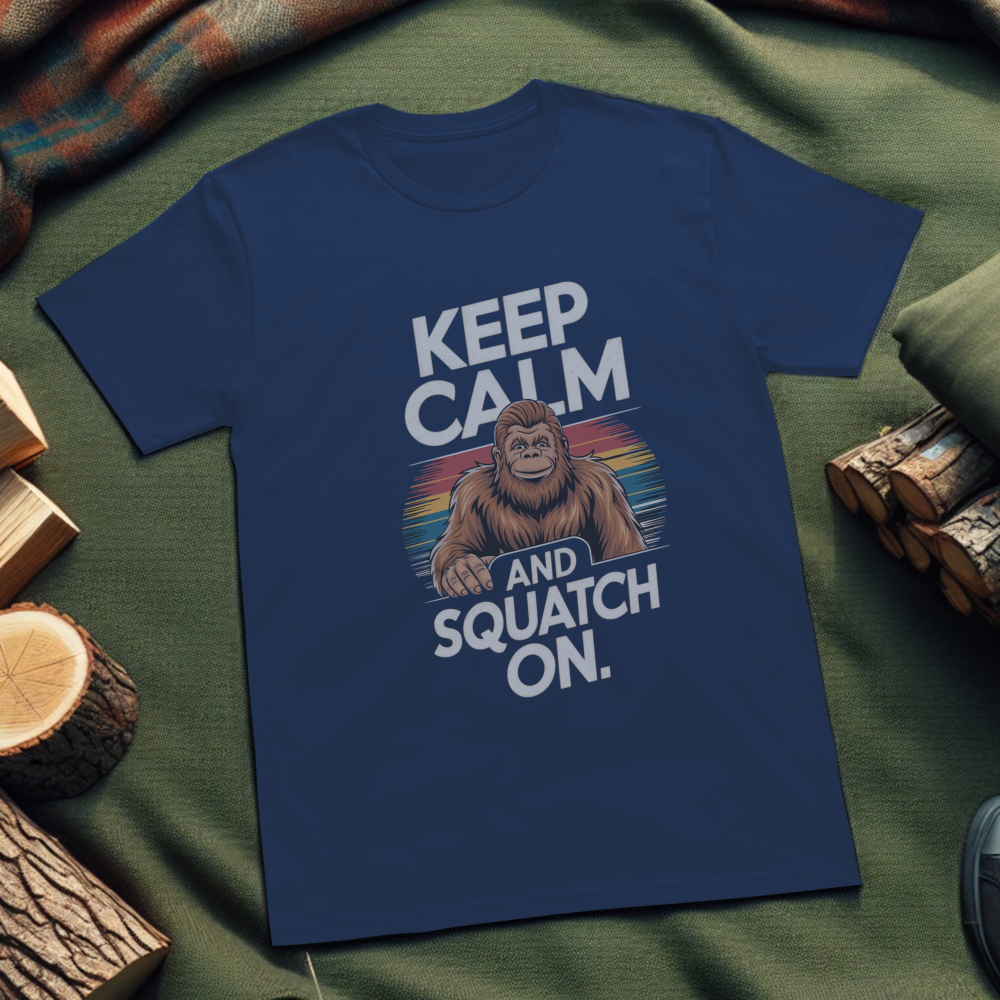 Keep Calm and Squatch On Unisex T-Shirt – Sasquatch Graphic Tee for Outdoor Enthusiasts