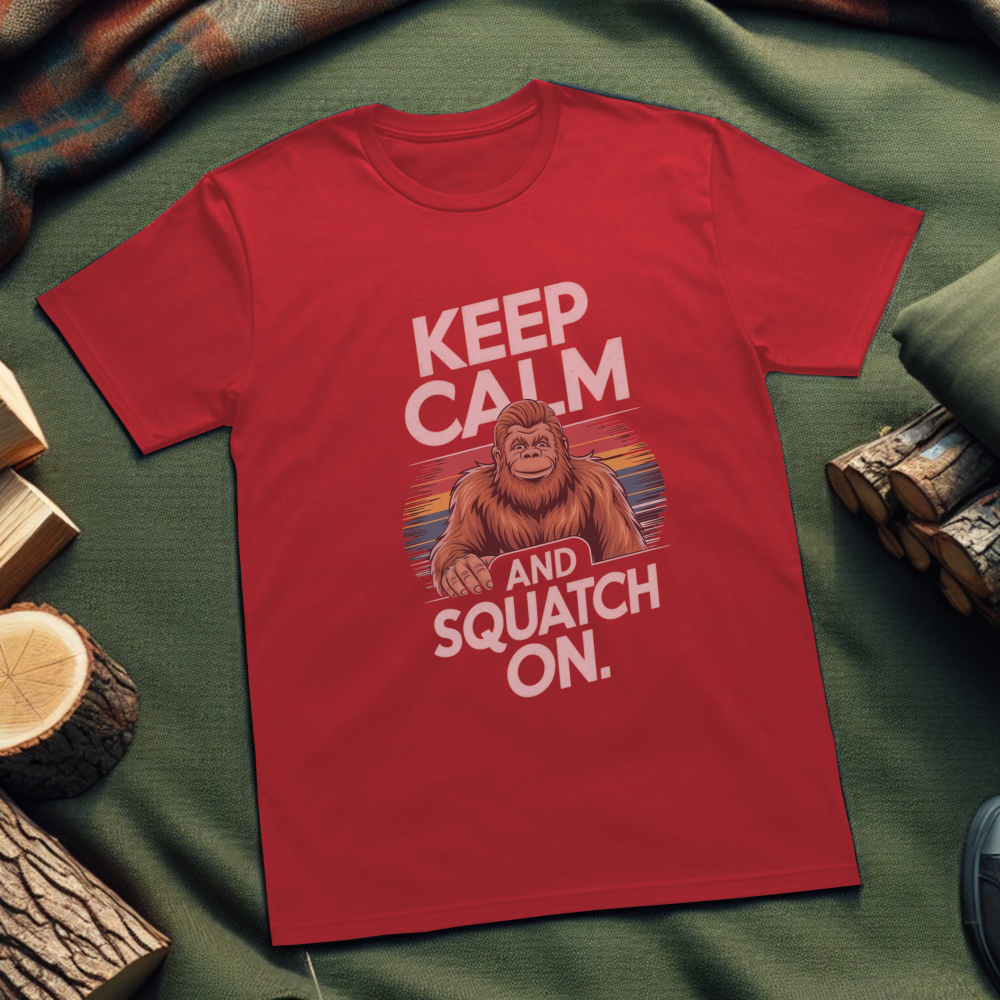 Keep Calm and Squatch On Unisex T-Shirt – Sasquatch Graphic Tee for Outdoor Enthusiasts