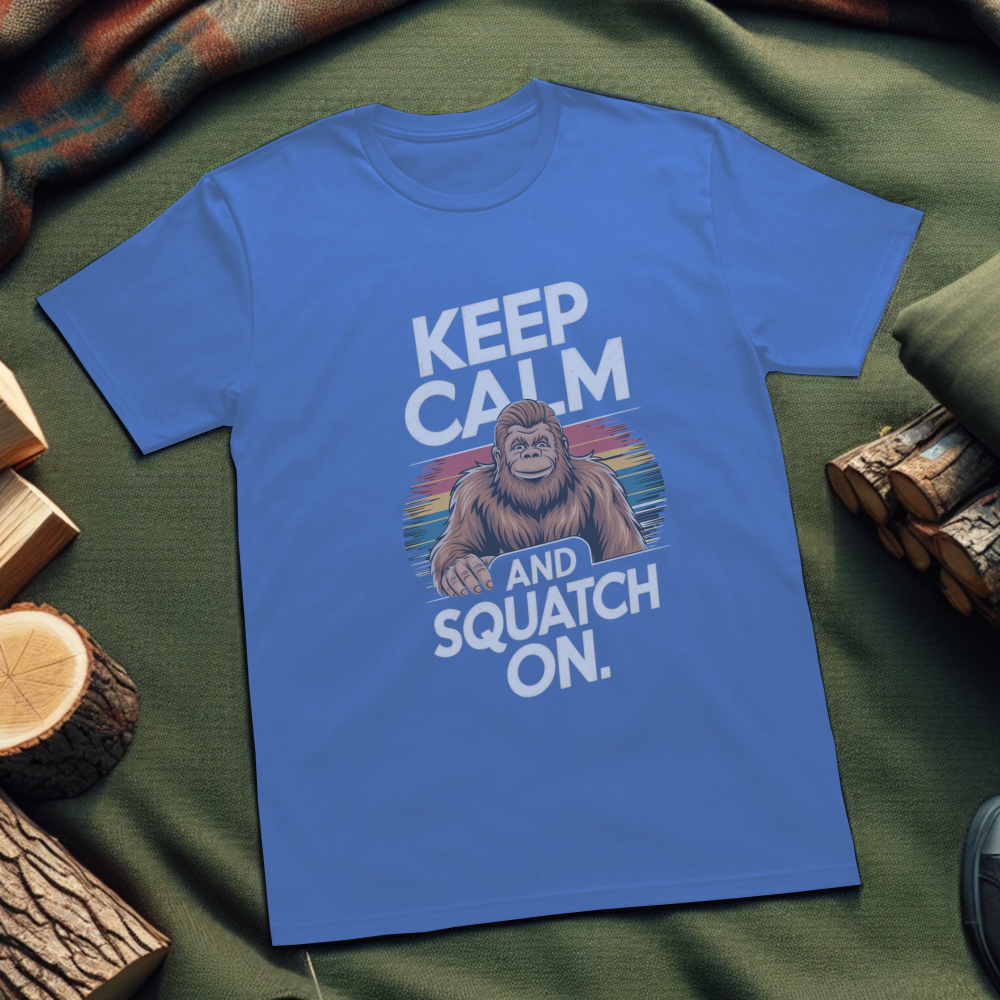 Keep Calm and Squatch On Unisex T-Shirt – Sasquatch Graphic Tee for Outdoor Enthusiasts