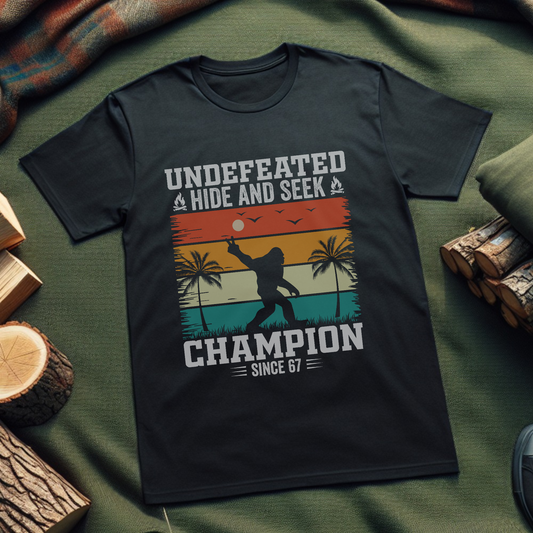 Undefeated Hide and Seek Champion T-Shirt – Funny Bigfoot Graphic Tee