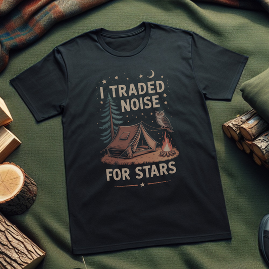 I Traded Noise for Stars Campfire Adventure T-Shirt – Tee for Nature Lovers