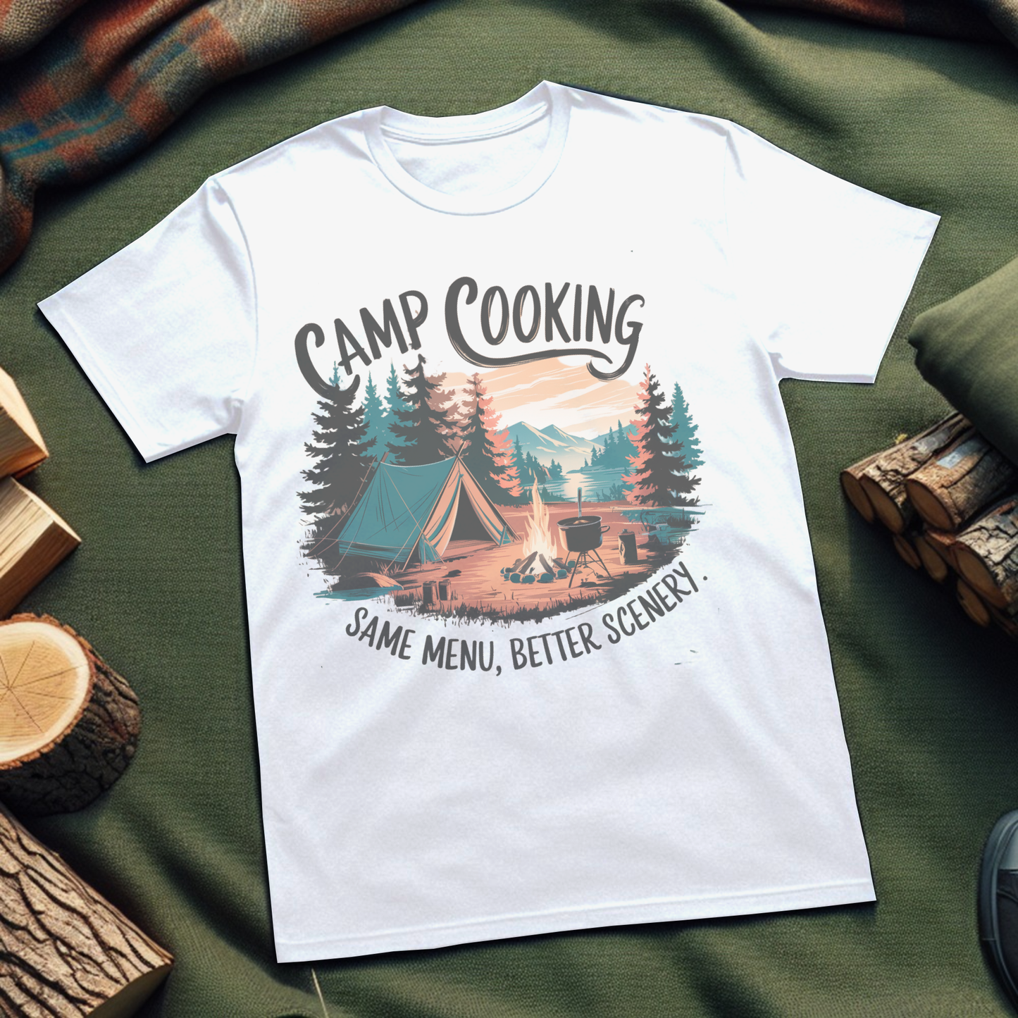 Camp Cooking Unisex T-Shirt - Same Menu Better Scenery Outdoors Enthusiast Apparel