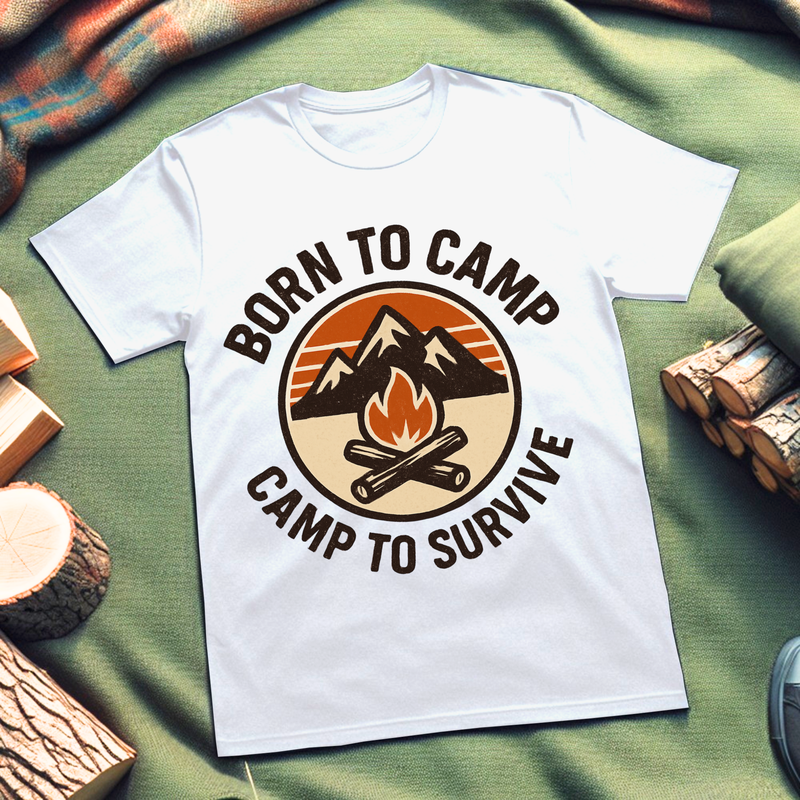 Adventurer's Camp T-Shirt - Born to Camp, Camp to Survive, Nature Lover Tee