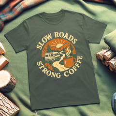Slow Roads Strong Coffee Adventure-Inspired Unisex T-Shirt, Camper Tee, Road Trip Gear