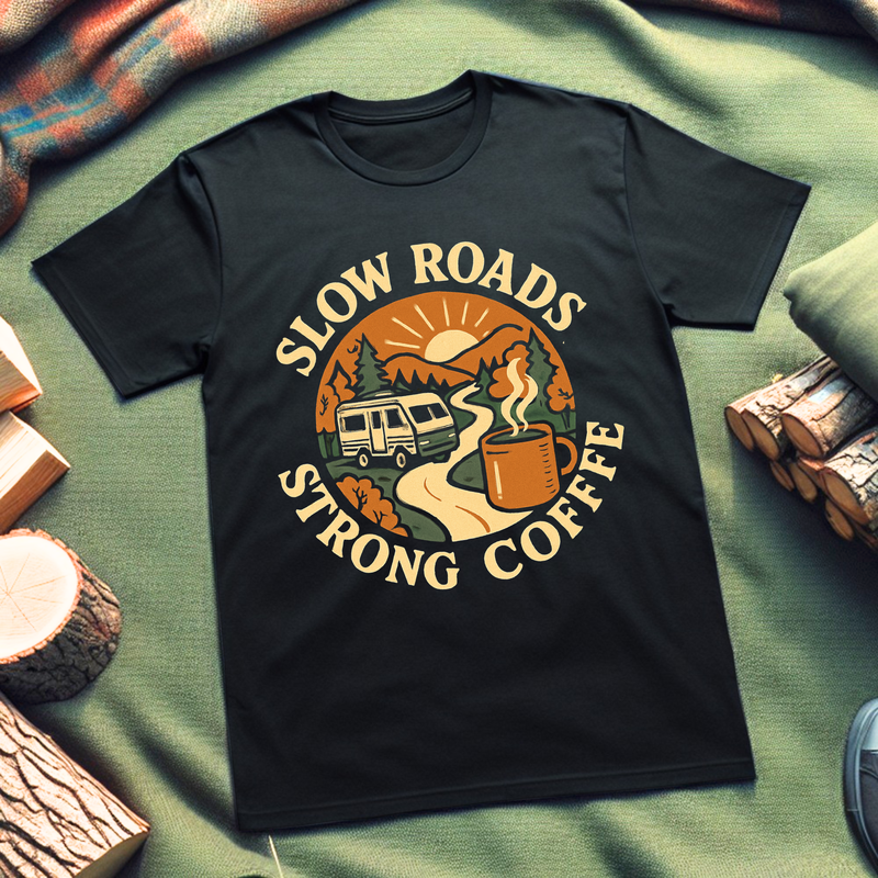 Slow Roads Strong Coffee Adventure-Inspired Unisex T-Shirt, Camper Tee, Road Trip Gear