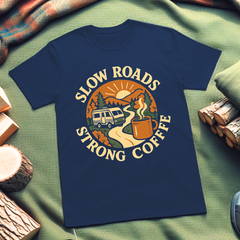 Slow Roads Strong Coffee Adventure-Inspired Unisex T-Shirt, Camper Tee, Road Trip Gear