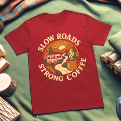 Slow Roads Strong Coffee Adventure-Inspired Unisex T-Shirt, Camper Tee, Road Trip Gear