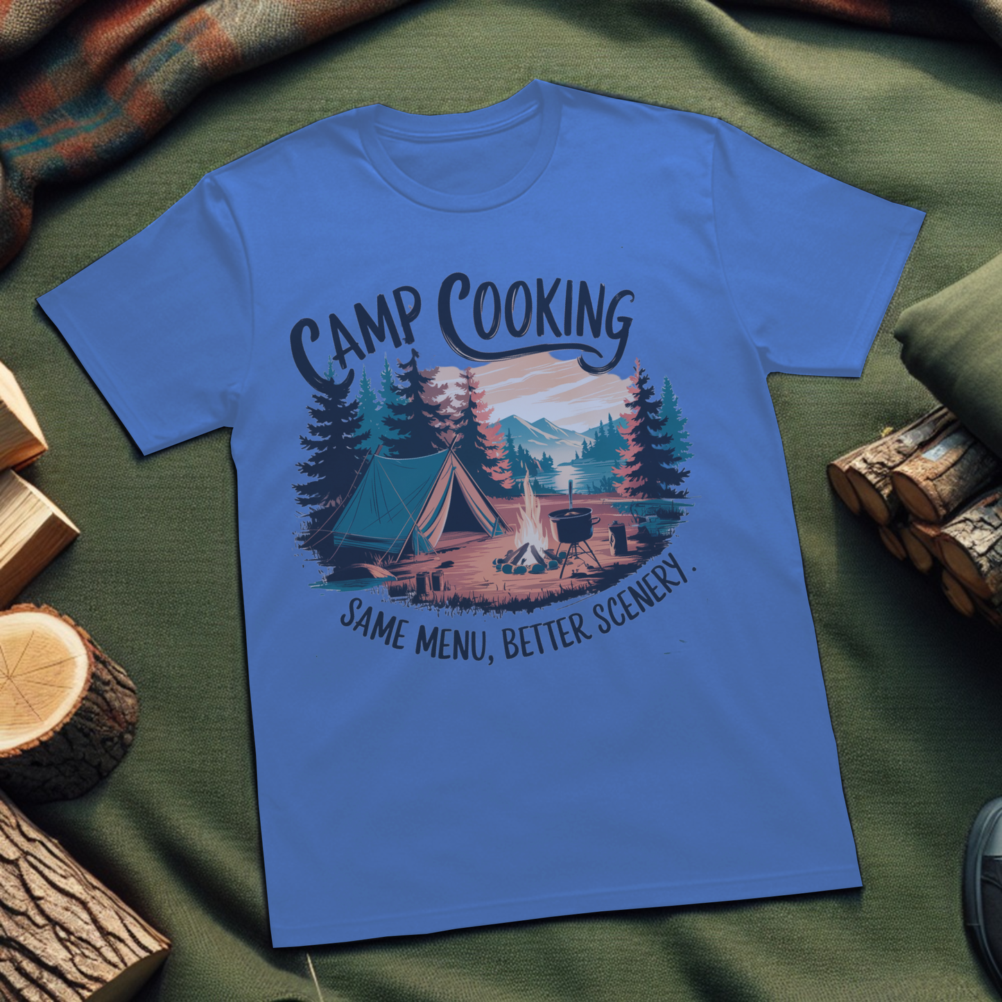 Camp Cooking Unisex T-Shirt - Same Menu Better Scenery Outdoors Enthusiast Apparel