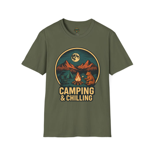 Camping & Chilling Unisex Softstyle T-Shirt | Outdoor Adventure Tee, Nature Lover Gift, Camping Apparel, Summer Vibes, Bear Design