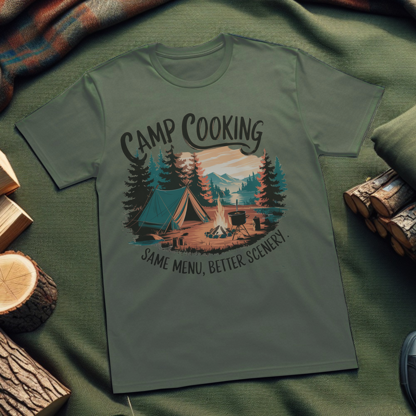 Camp Cooking Unisex T-Shirt - Same Menu Better Scenery Outdoors Enthusiast Apparel