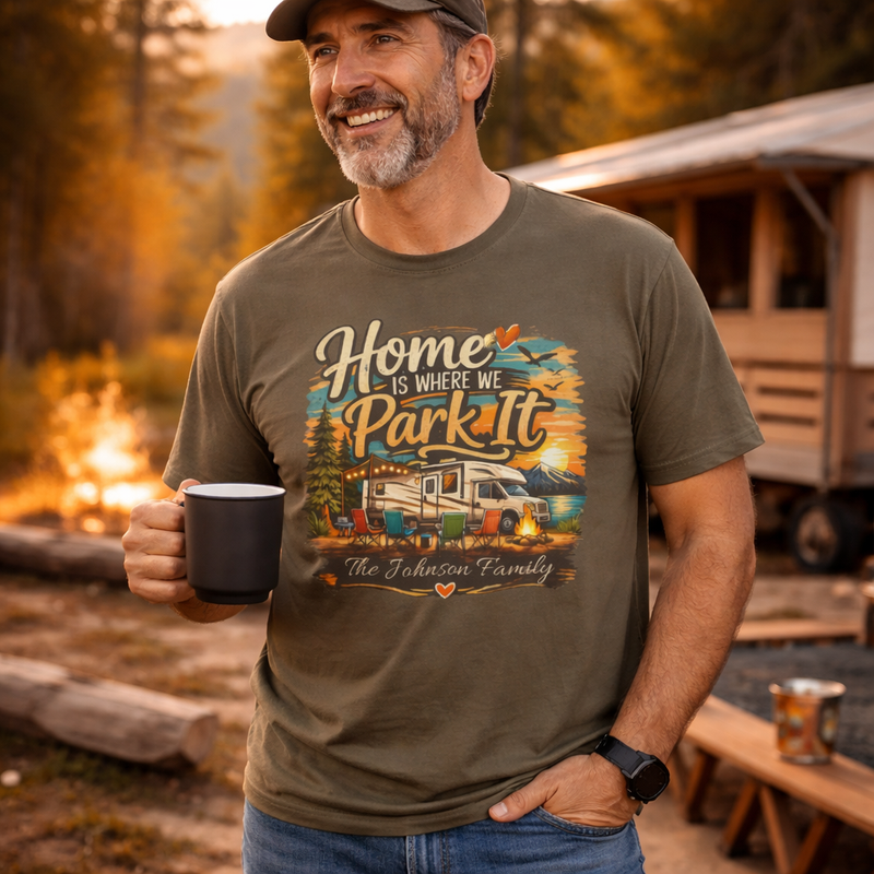 Home Is Where We Park It Personalized RV Camping T-Shirt – Custom Family Camper Tee