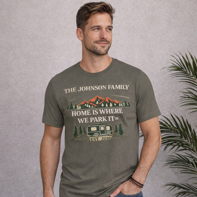 Personalized RV Camping Family Shirt – Home Is Where We Park It Tee – Custom Camper Family Name Shirt