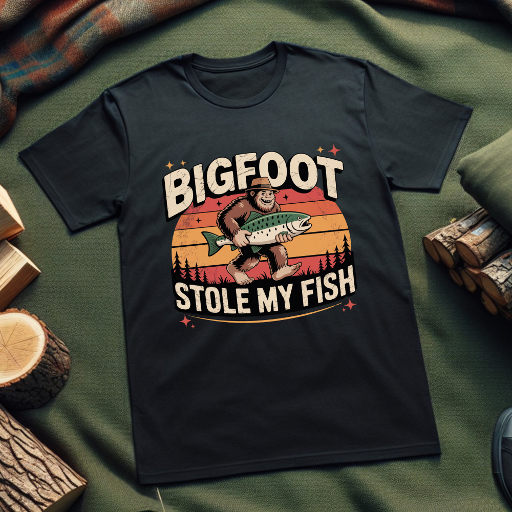 Bigfoot Stole My Fish Unisex T-Shirt – Funny Fishing Graphic Tee for Outdoor Enthusiasts