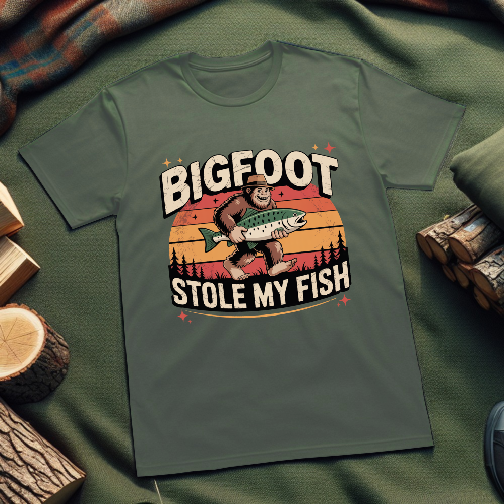 Bigfoot Stole My Fish Unisex T-Shirt – Funny Fishing Graphic Tee for Outdoor Enthusiasts