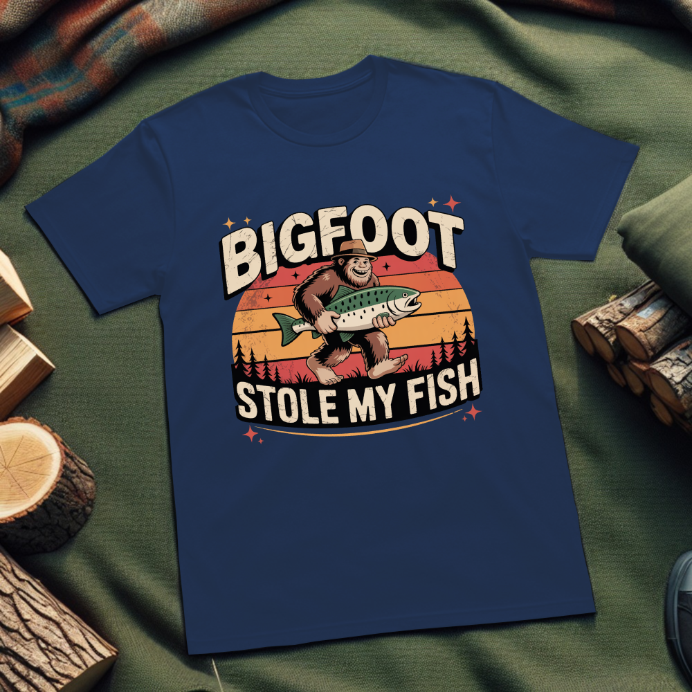 Bigfoot Stole My Fish Unisex T-Shirt – Funny Fishing Graphic Tee for Outdoor Enthusiasts