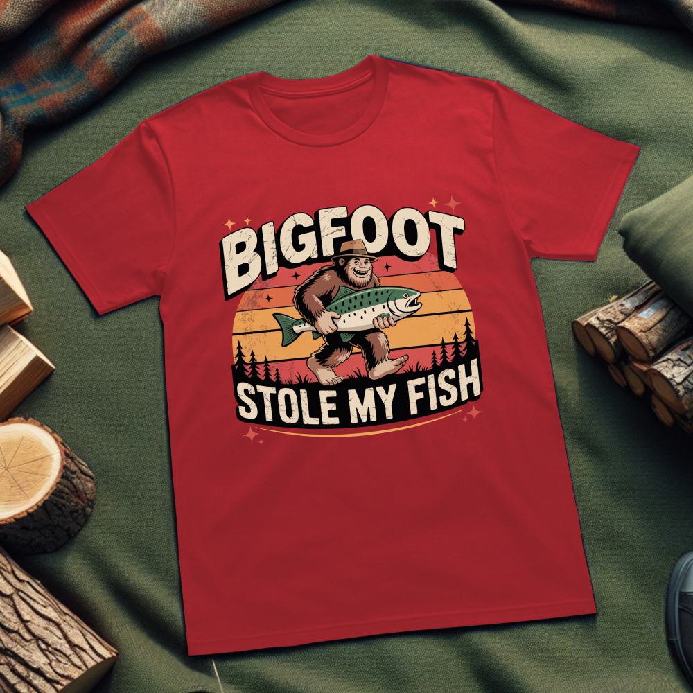 Bigfoot Stole My Fish Unisex T-Shirt – Funny Fishing Graphic Tee for Outdoor Enthusiasts