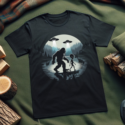 Cosmic Adventure Unisex T-Shirt – Bigfoot & Alien Graphic Tee, UFO-Themed Summer Apparel