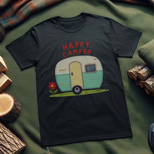 Happy Camper T-Shirt – Unisex Softstyle Tee for Nature Lovers & Outdoor Adventures